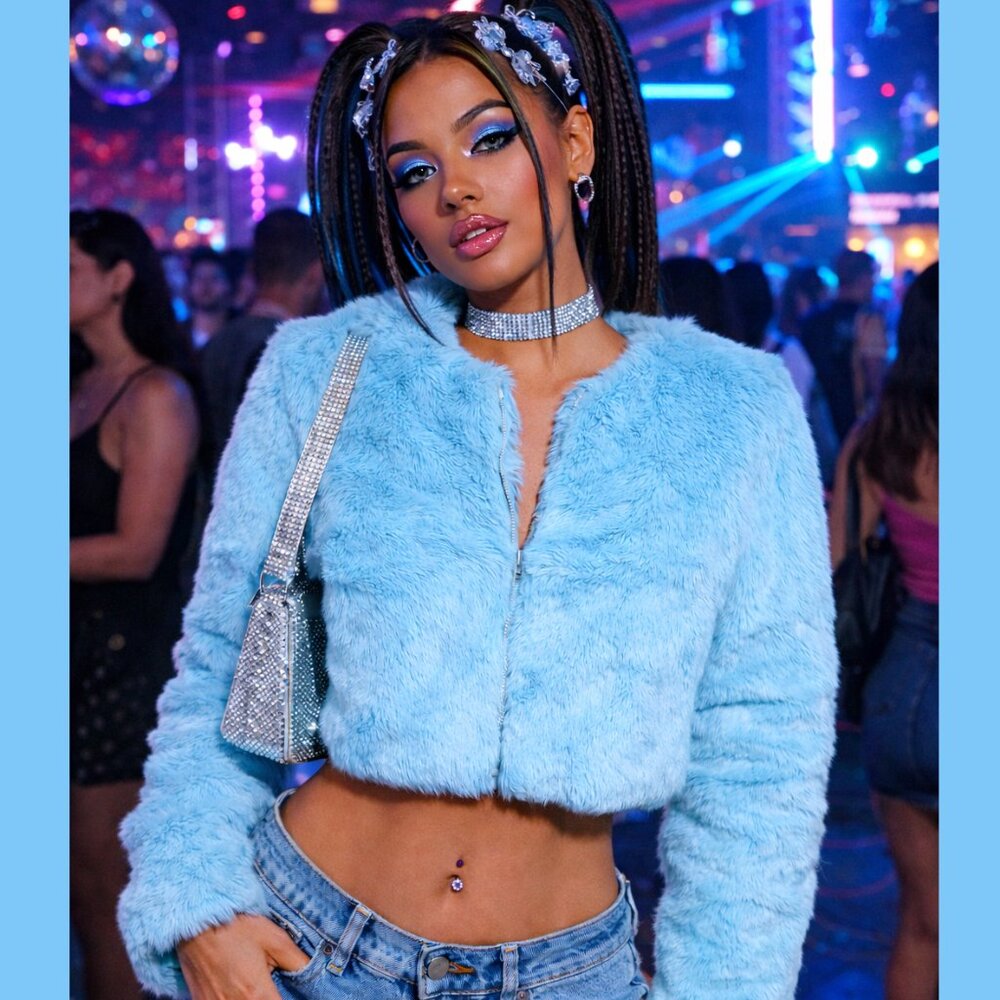 Bebe Y2K Rabbit Fur Jacket Aqua Blue – New